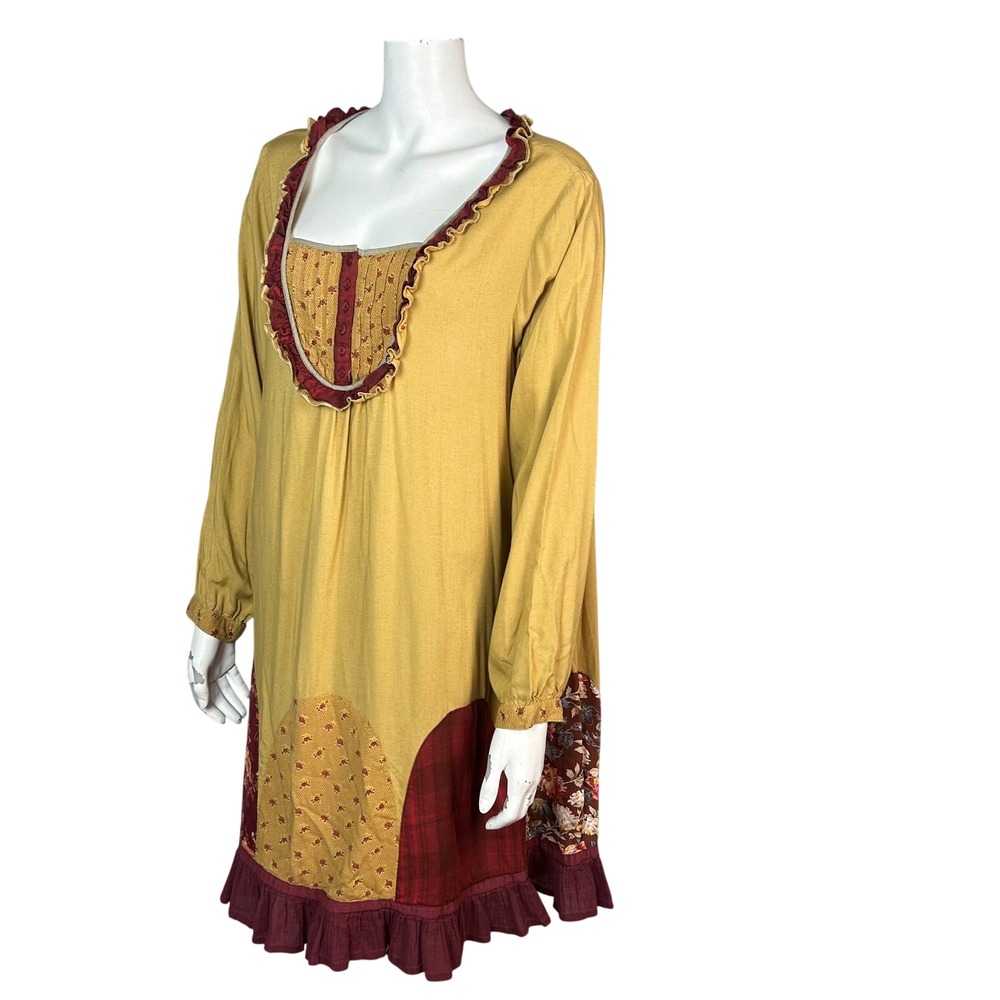 April Cornell patchwork dress XL Ruffle Long Sleeve Boho Fall Lagenlook Pumpkin